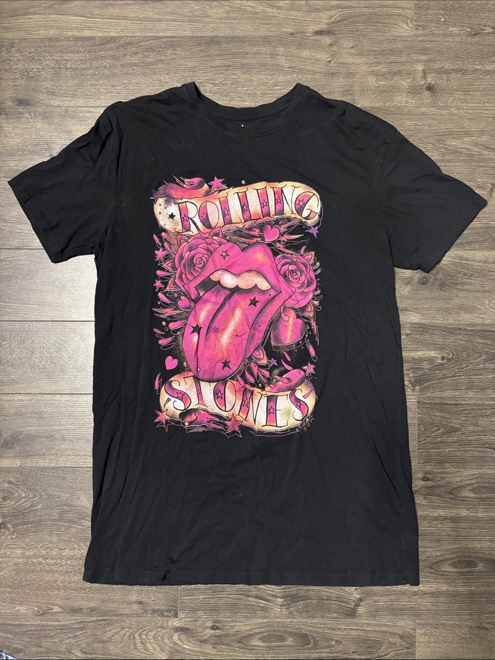 The Rolling Stones Black Short-Sleeve T-Shirt Dress with Pink Tongue Graphic
